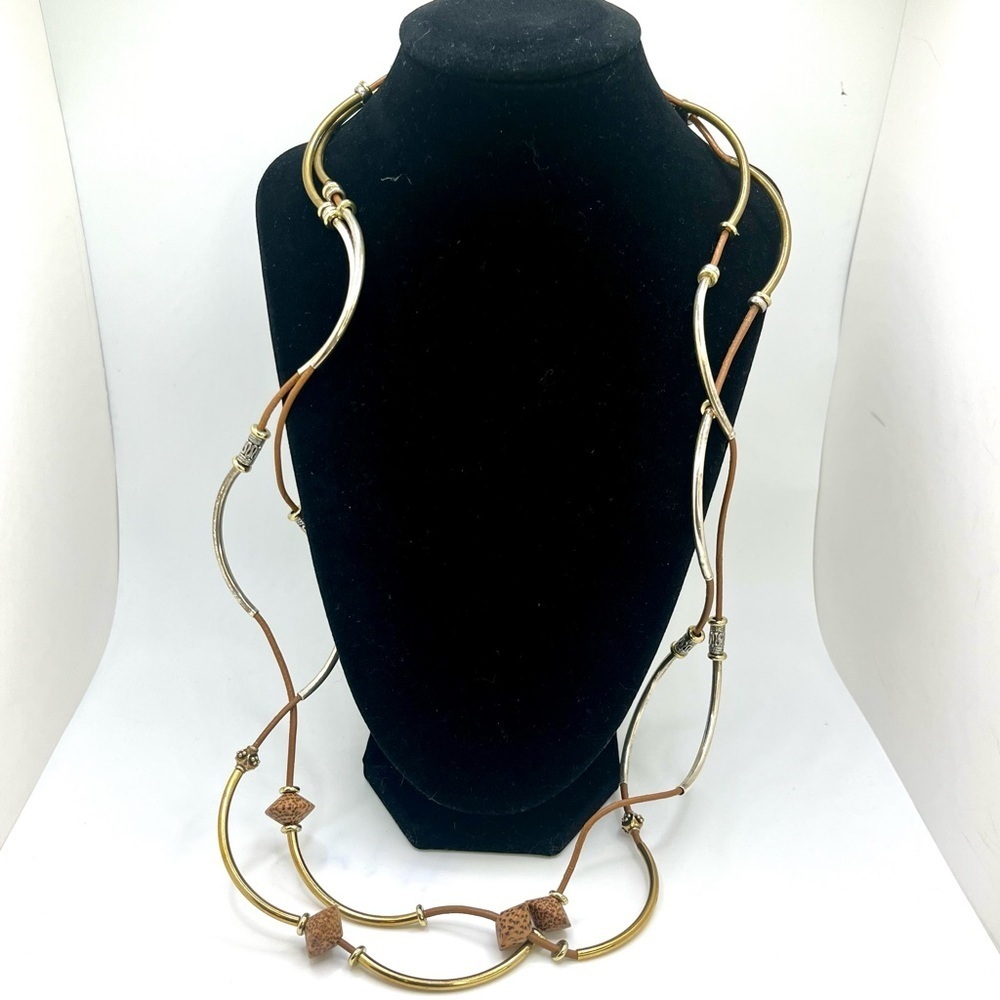 Long Mixed Metal Necklace | Leather Cord | Brass Silver Tone | Boho Style